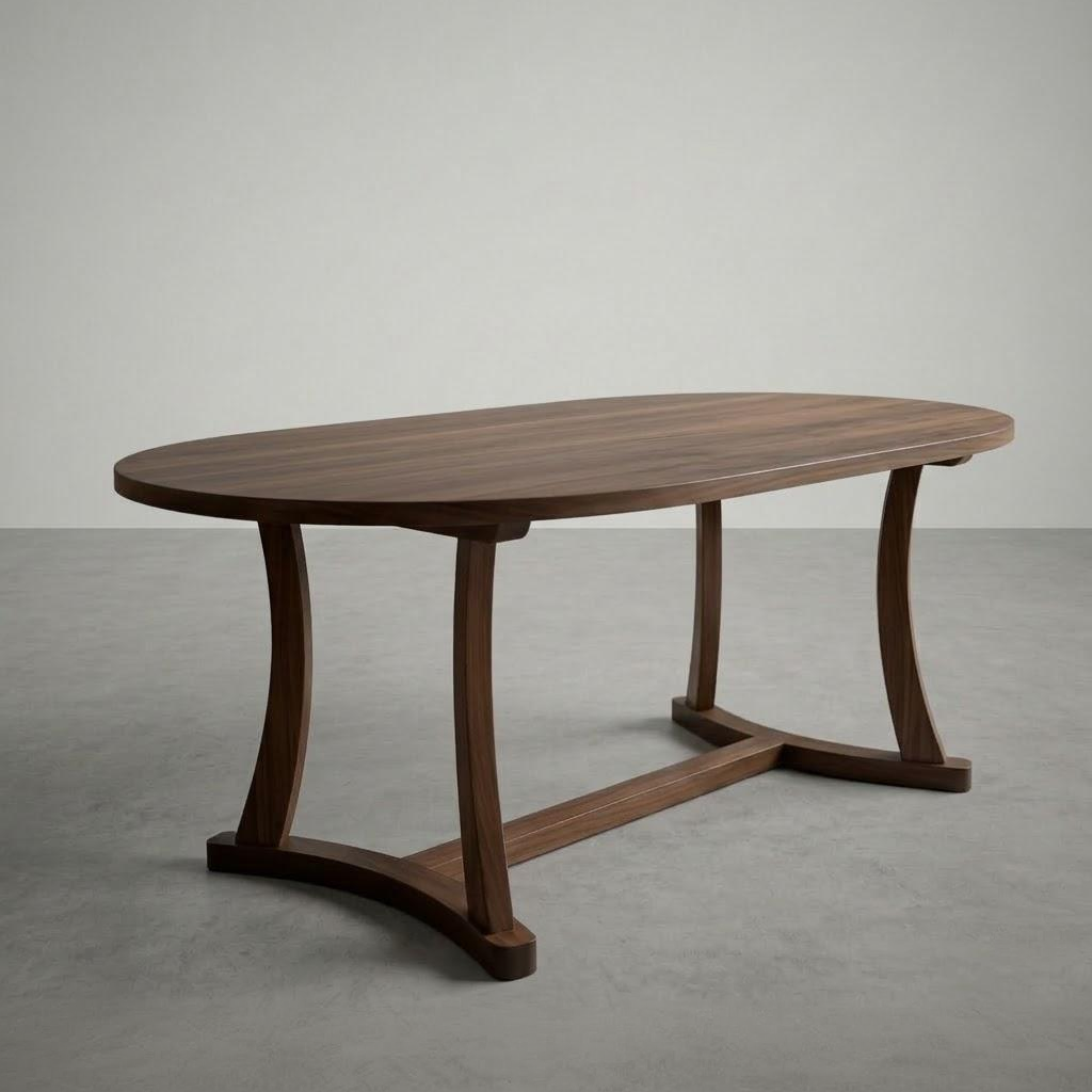 Wooden dining table with a minimalist design on a gray background