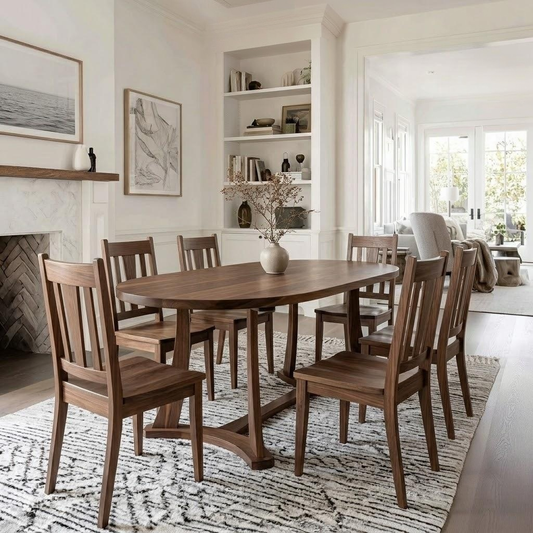 A wooden dining table with six matching wooden chairs, arranged on a patterned rug in a bright, modern dining room with white walls and built-in shelves.