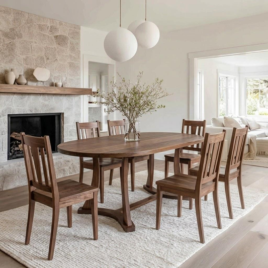 A 7-piece wooden dining table and chair set in a warm medium brown finish, styled in a bright, modern dining room with a stone fireplace, white pendant lights, and a textured rug.