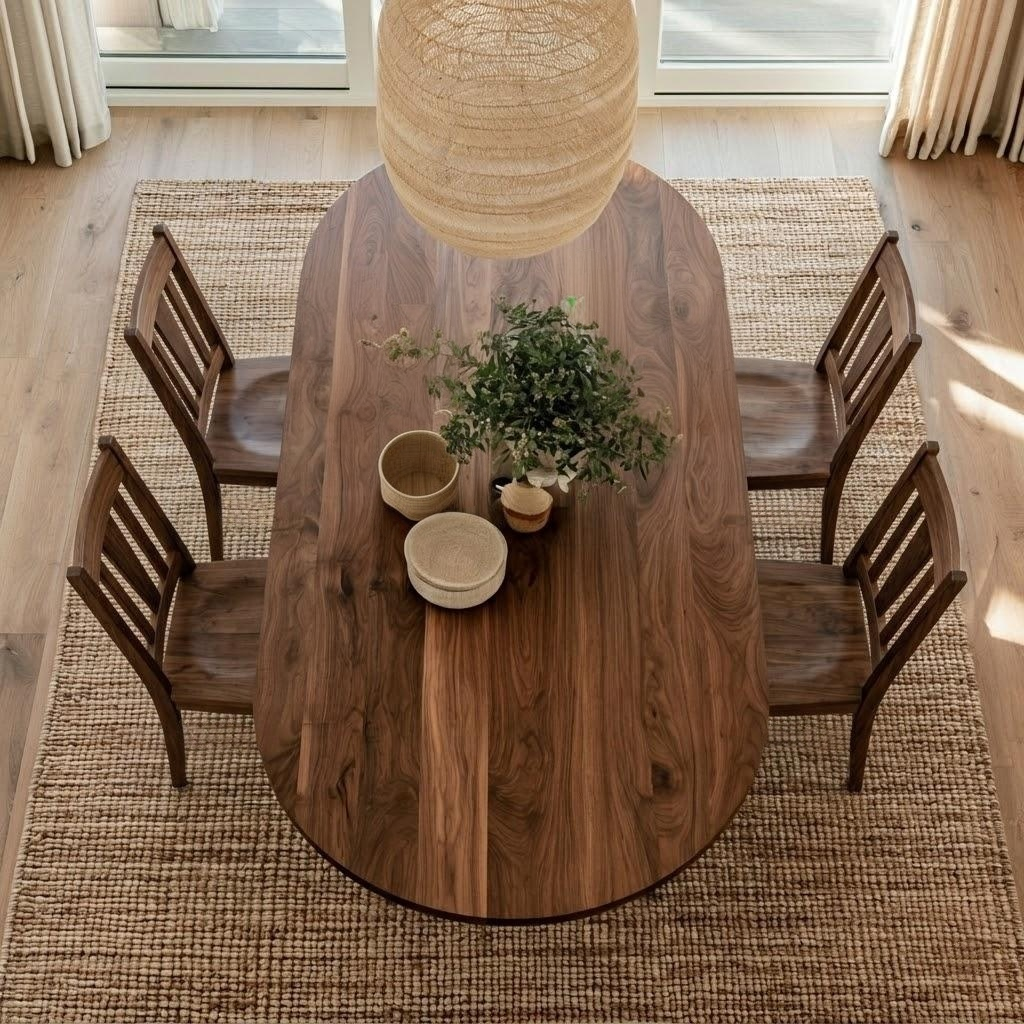 An overhead view of a dark brown oval wooden dining table with four matching wooden chairs, styled on a woven jute rug in a bright room with a hanging woven pendant light.