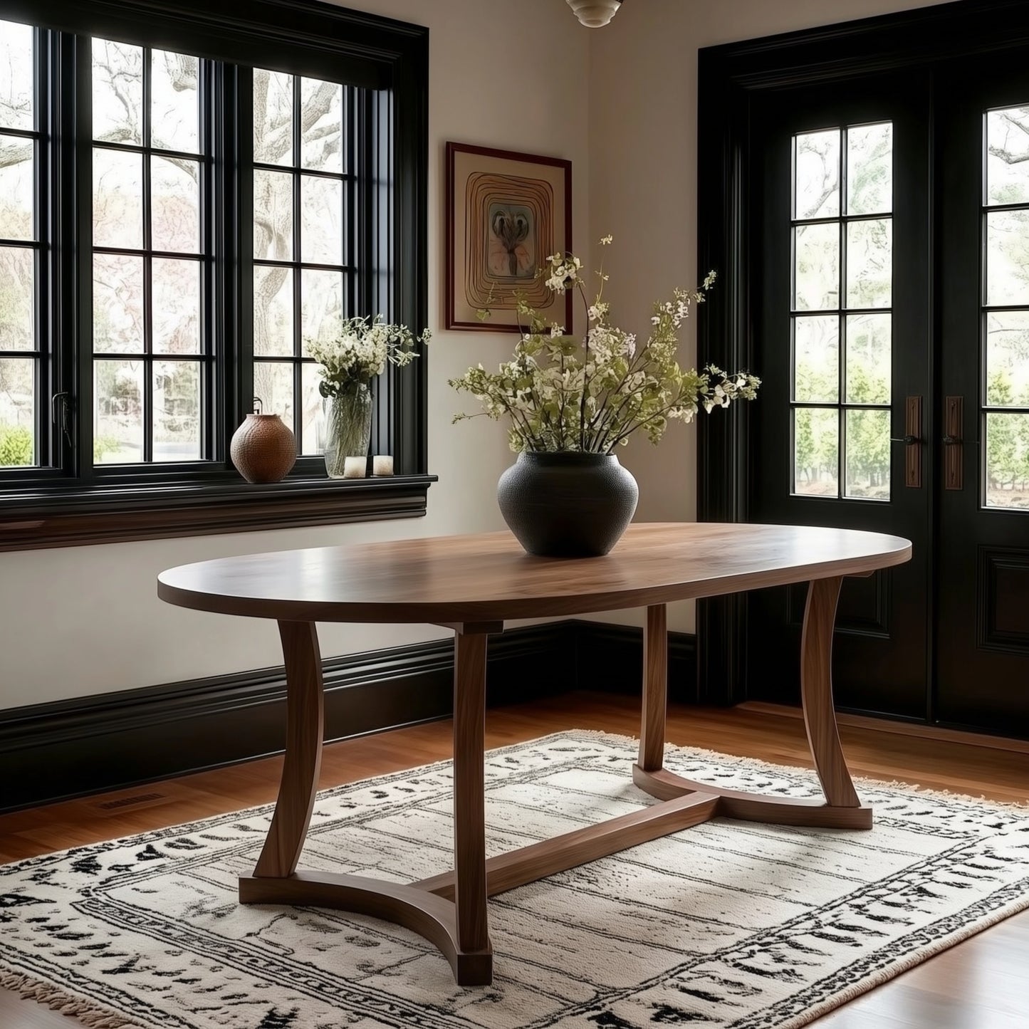 Wooden dining table with a vase of flowers in a room with large windows and a door.