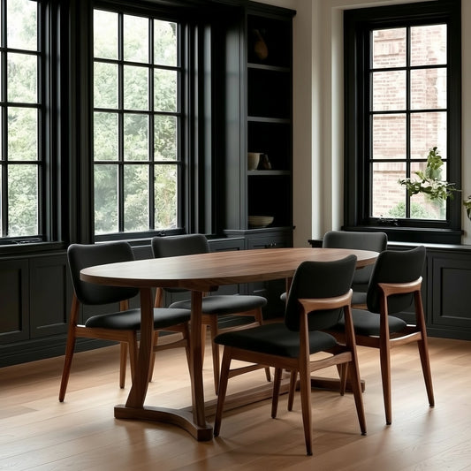 Dining room with wooden table and chairs near large windows.
