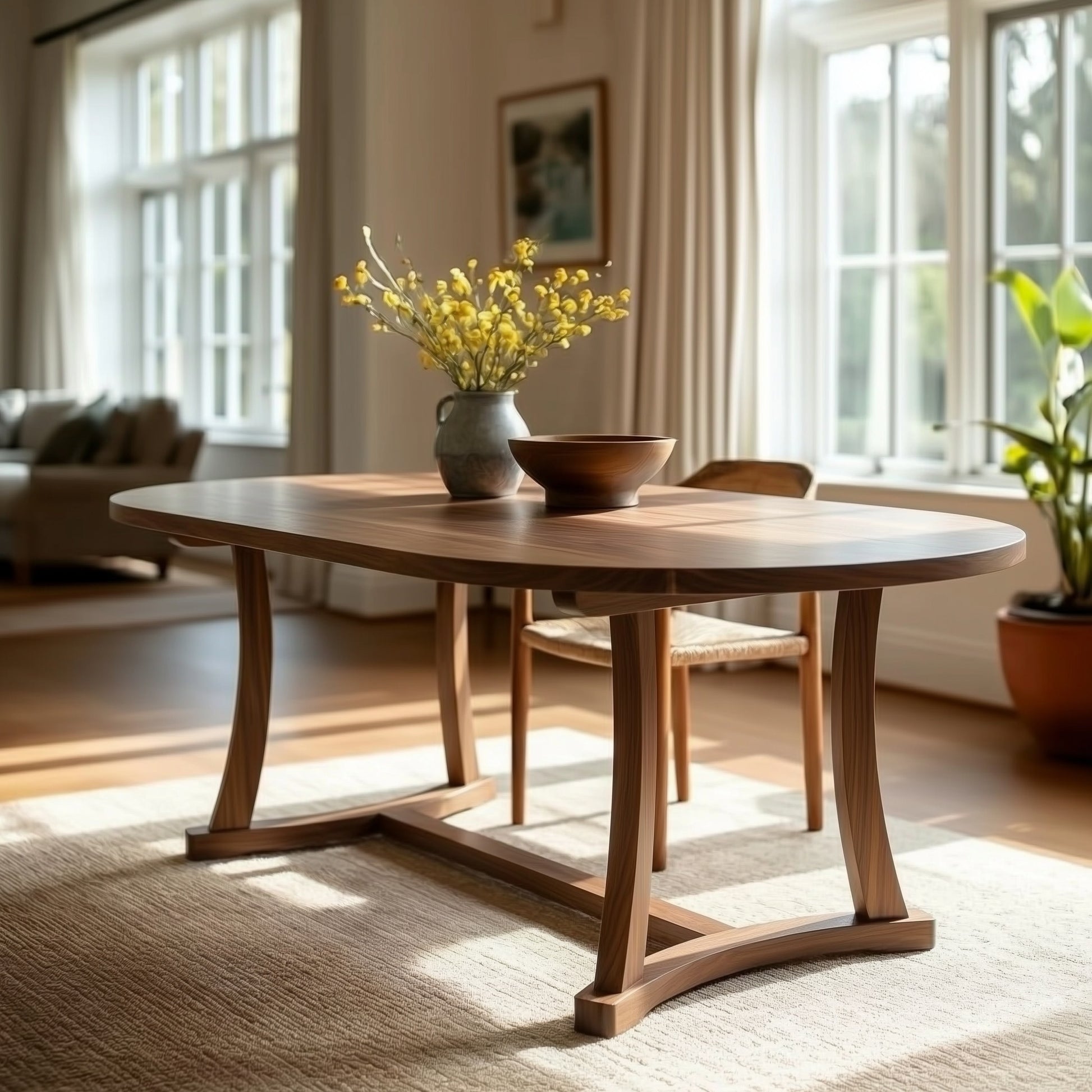 Wooden dining table with a vase of yellow flowers in a bright room.