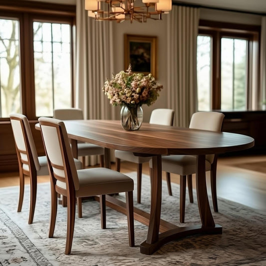 Dining room with wooden table and chairs, flowers in a vase, and a chandelier.