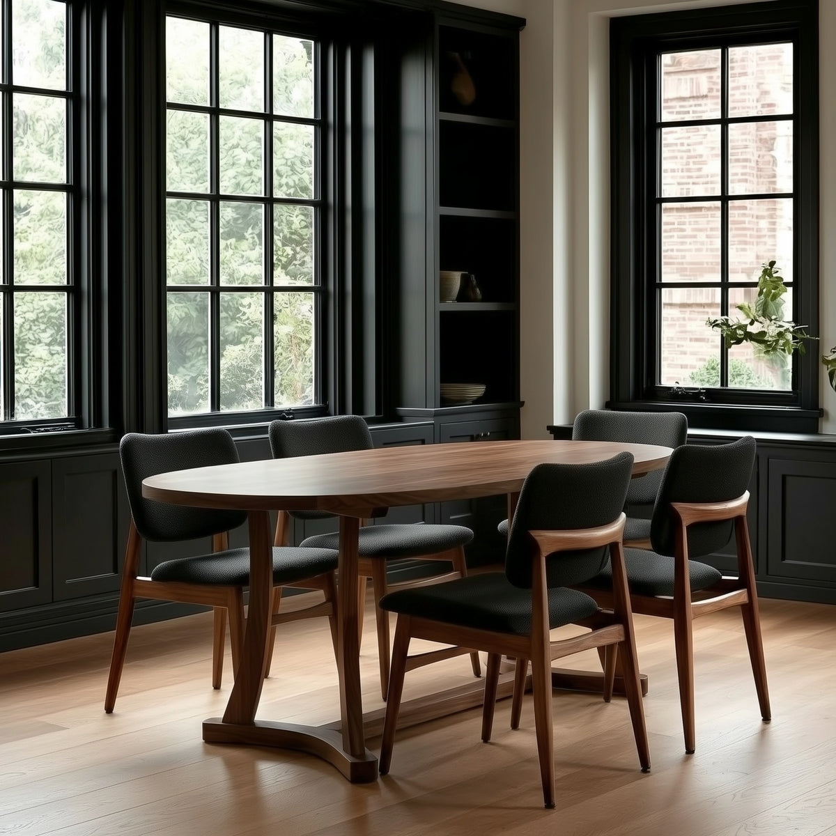 Dining room with walnut Bartlett dining table and chairs near large windows.