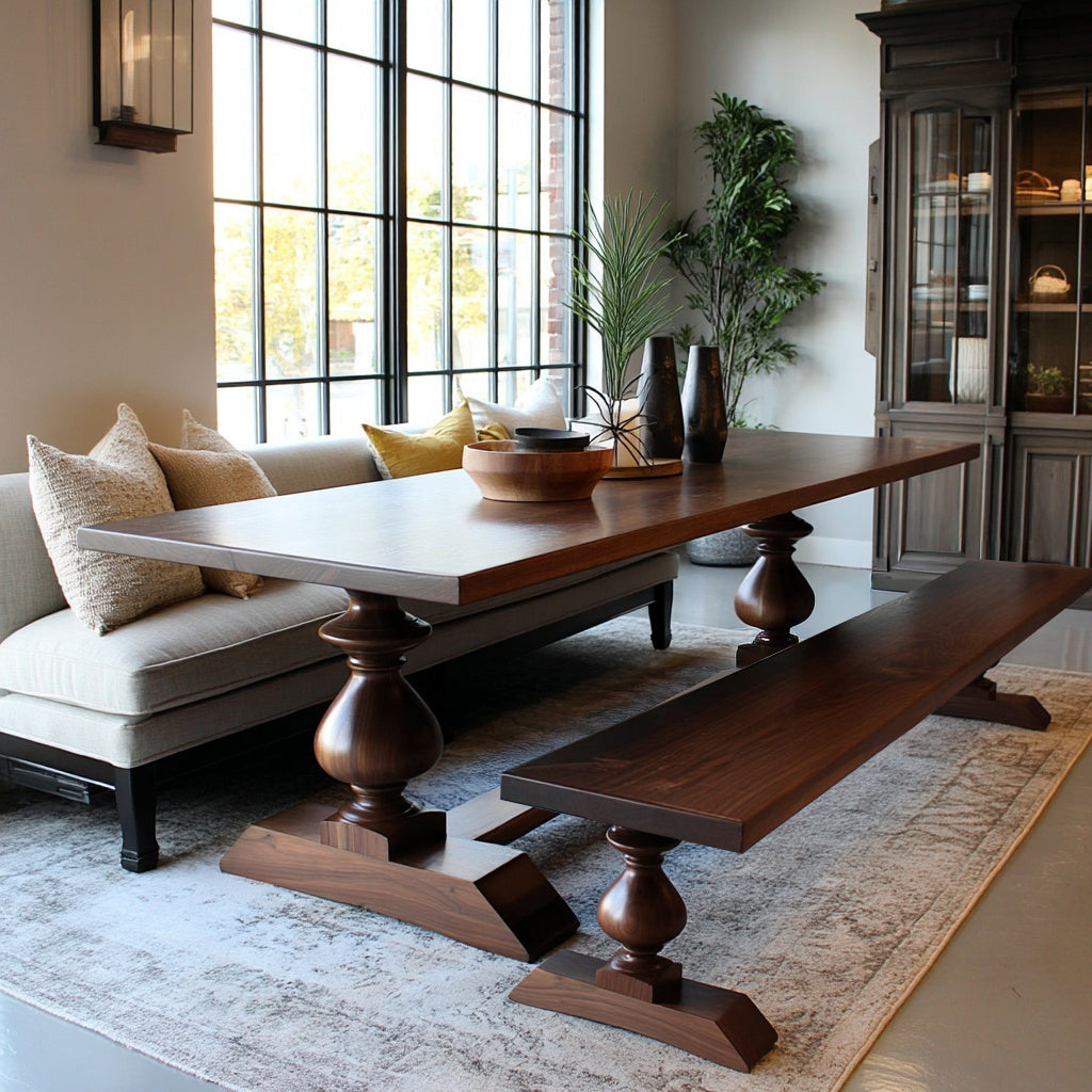 Wooden dining table with bench in a living room setting