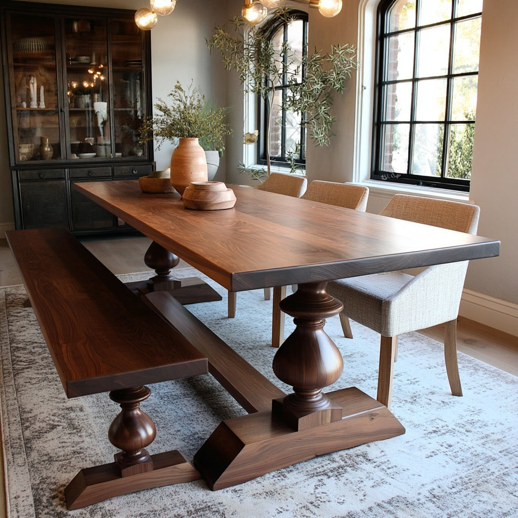 Wooden dining table with chairs and a bench in a well-lit room.