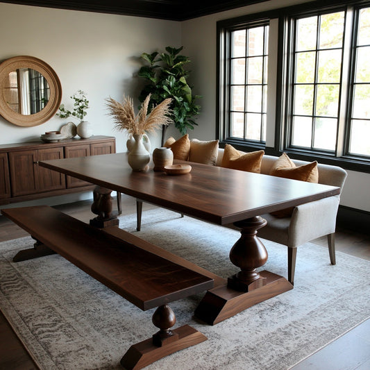 Wooden dining table with benches in a room with large windows and decorative elements.