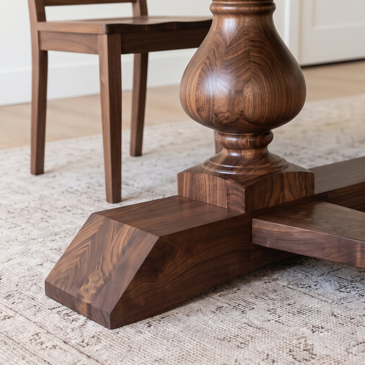 Close-up of a dark walnut dining table base with a turned vase-shaped pedestal and geometric cross-style legs, shown on a light rug with a wooden chair blurred in the background.