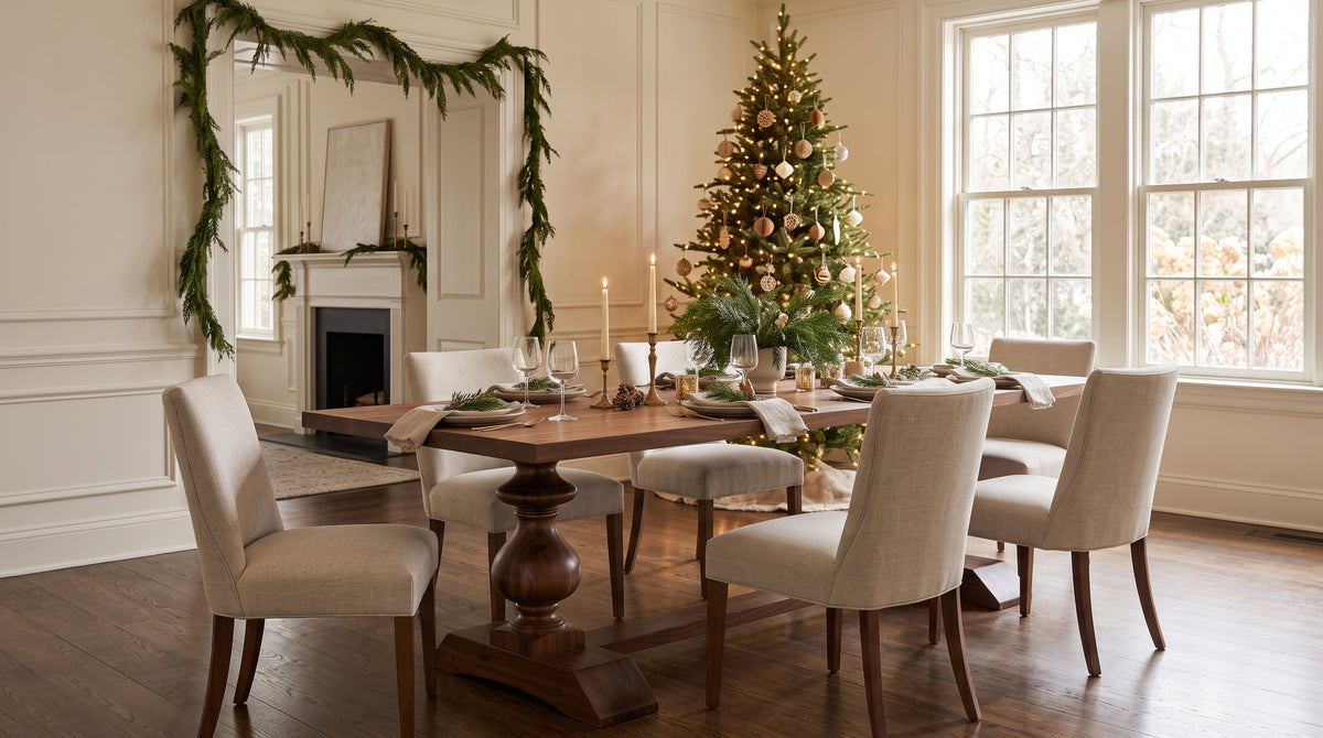 A beautifully styled holiday dining room featuring a walnut Benedict dining table surrounded by six cream upholstered chairs, set with candles and glassware. A decorated Christmas tree stands near large windows, and a green garland frames a fireplace mirror on a dark wood floor.