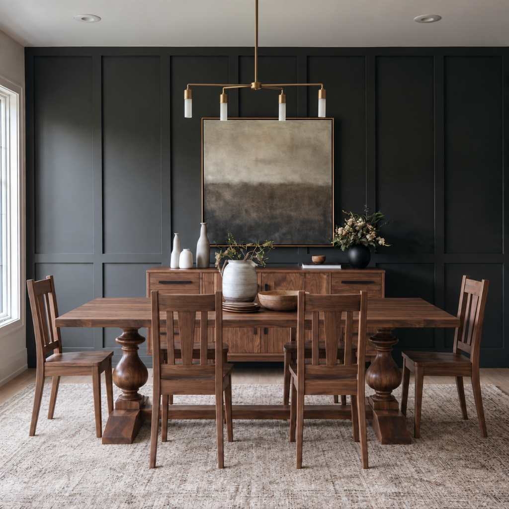 A staged dining room featuring a dark wood rectangular table and four matching wooden chairs arranged around a matching sideboard. The room has dark charcoal paneled walls, a large abstract painting above the sideboard, a brass and glass chandelier, and a textured light beige rug.