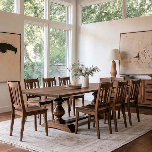 A mid-century modern wooden dining table with matching slat-back chairs, styled in a bright, sunlit dining room with large windows and neutral decor.