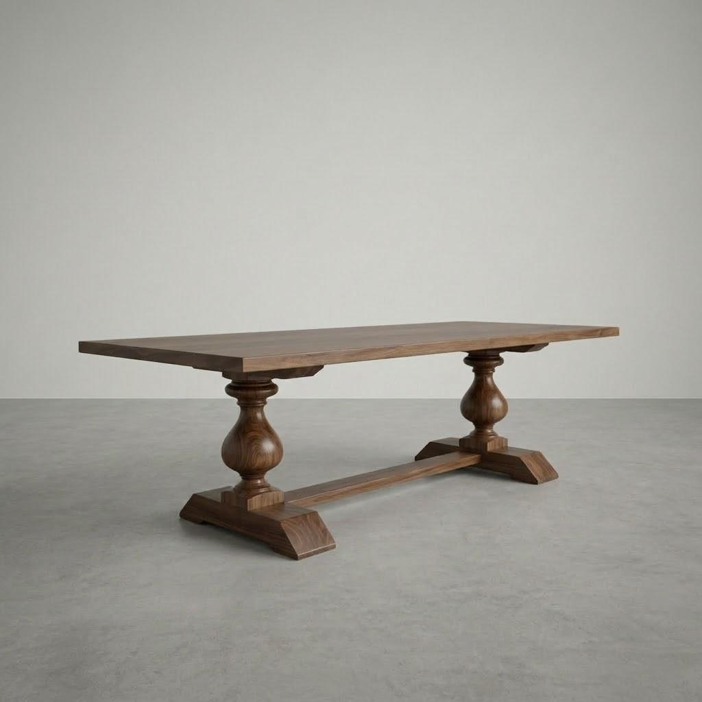 Wooden table with decorative legs on a plain background