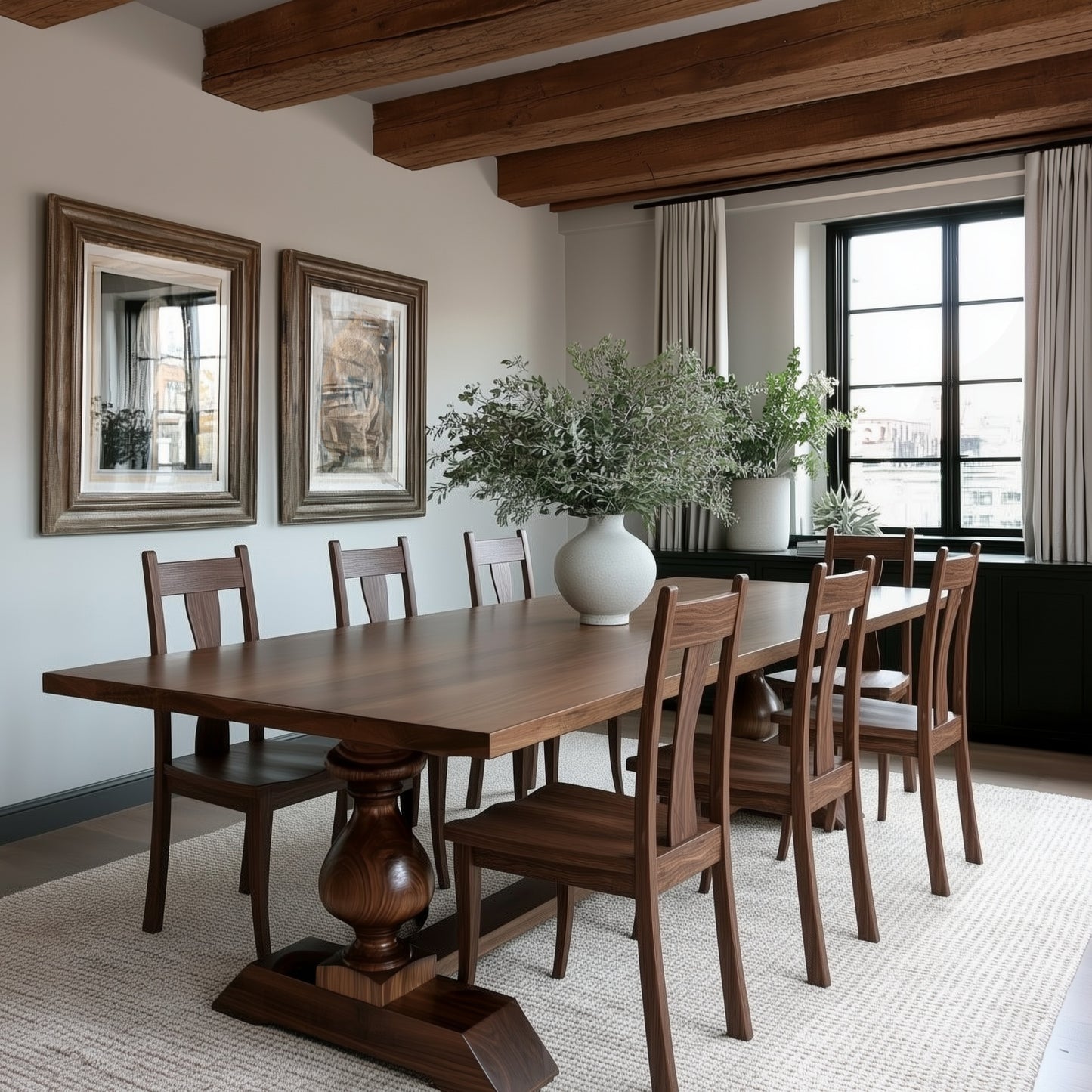 Dining room with wooden table and chairs, large window, and framed pictures on the wall.