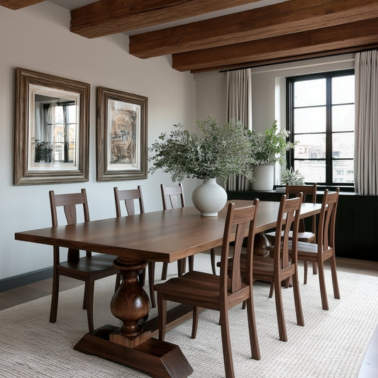 Dining room with wooden table and chairs, large window, and framed pictures on the wall.