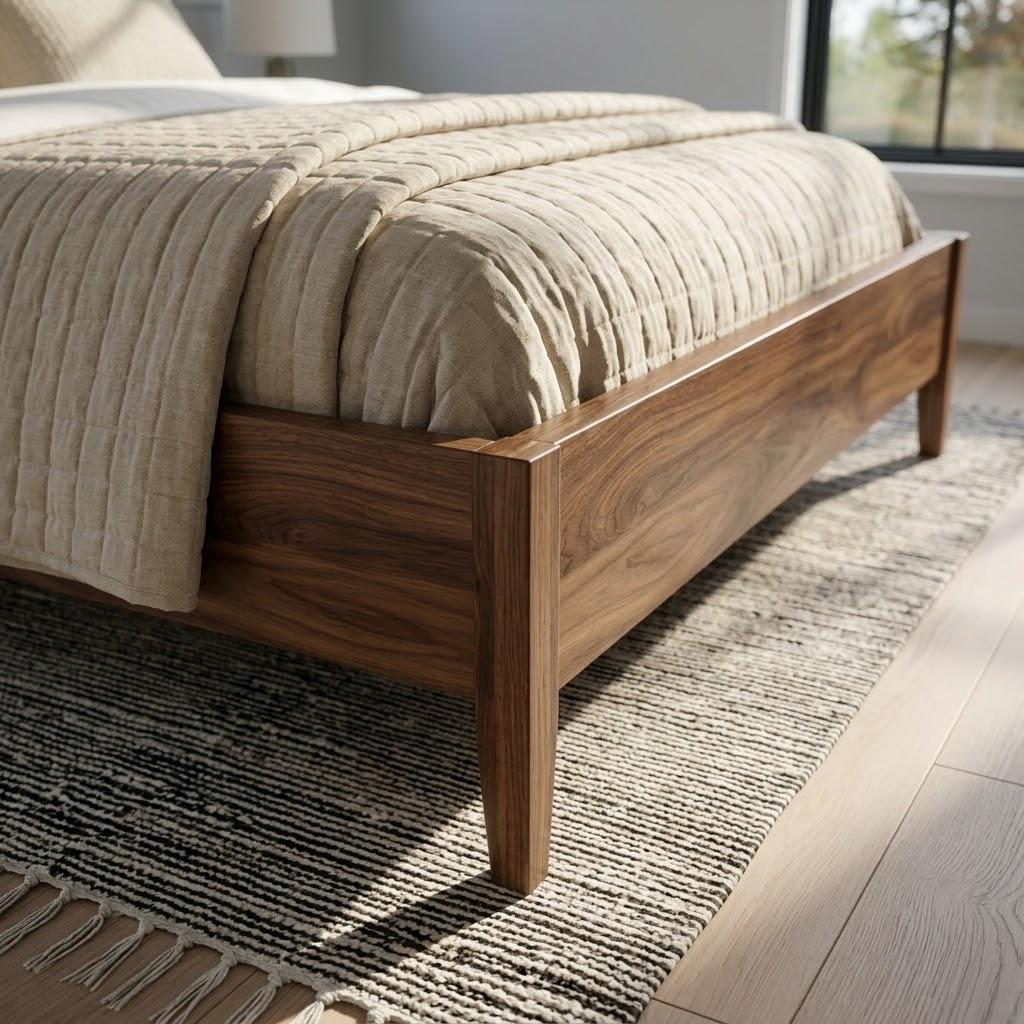 Wooden bed with beige bedding in a bedroom setting