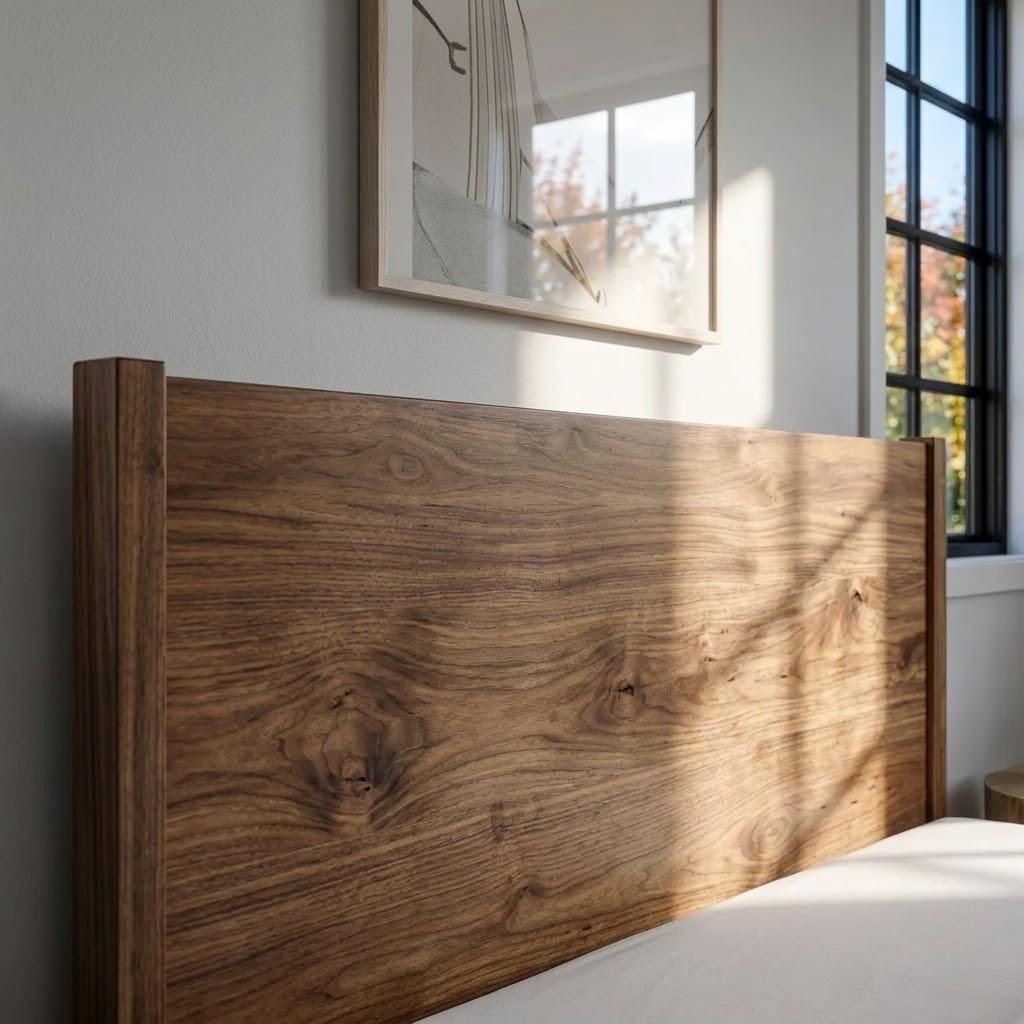 Wooden headboard in a bedroom with natural light