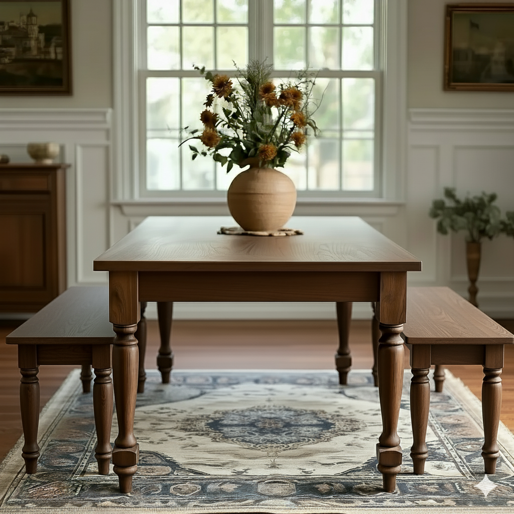 Wooden dining table with a vase of flowers in a room with large windows and decorative rug.