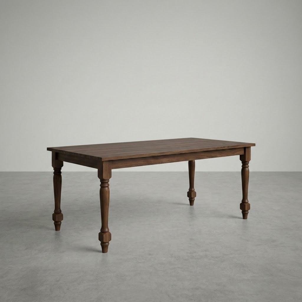 Wooden table with turned legs on a gray floor and background