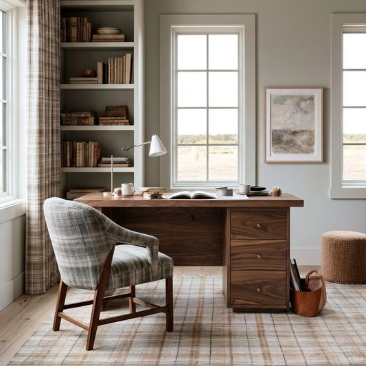 A styled home office scene featuring a dark wood writing desk with three drawers, a plaid upholstered armchair, a white desk lamp, and a bookshelf in the background.