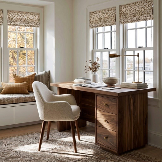 A warm, modern home office scene featuring a dark wood writing desk with three drawers, a cream upholstered armchair, and a window seat with pillows, all set in a bright room with patterned window blinds and a rug.