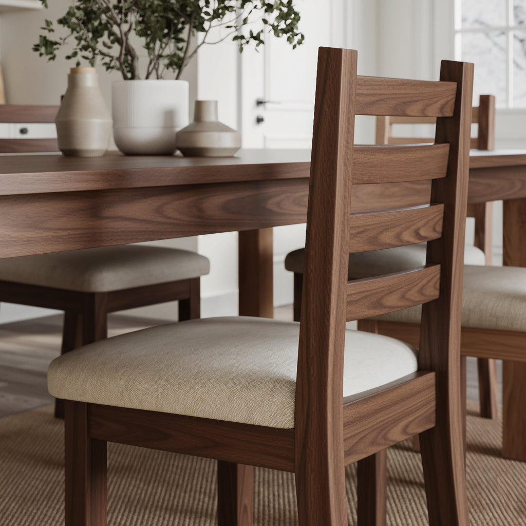 Wooden dining table with chairs and decorative items in a bright room.