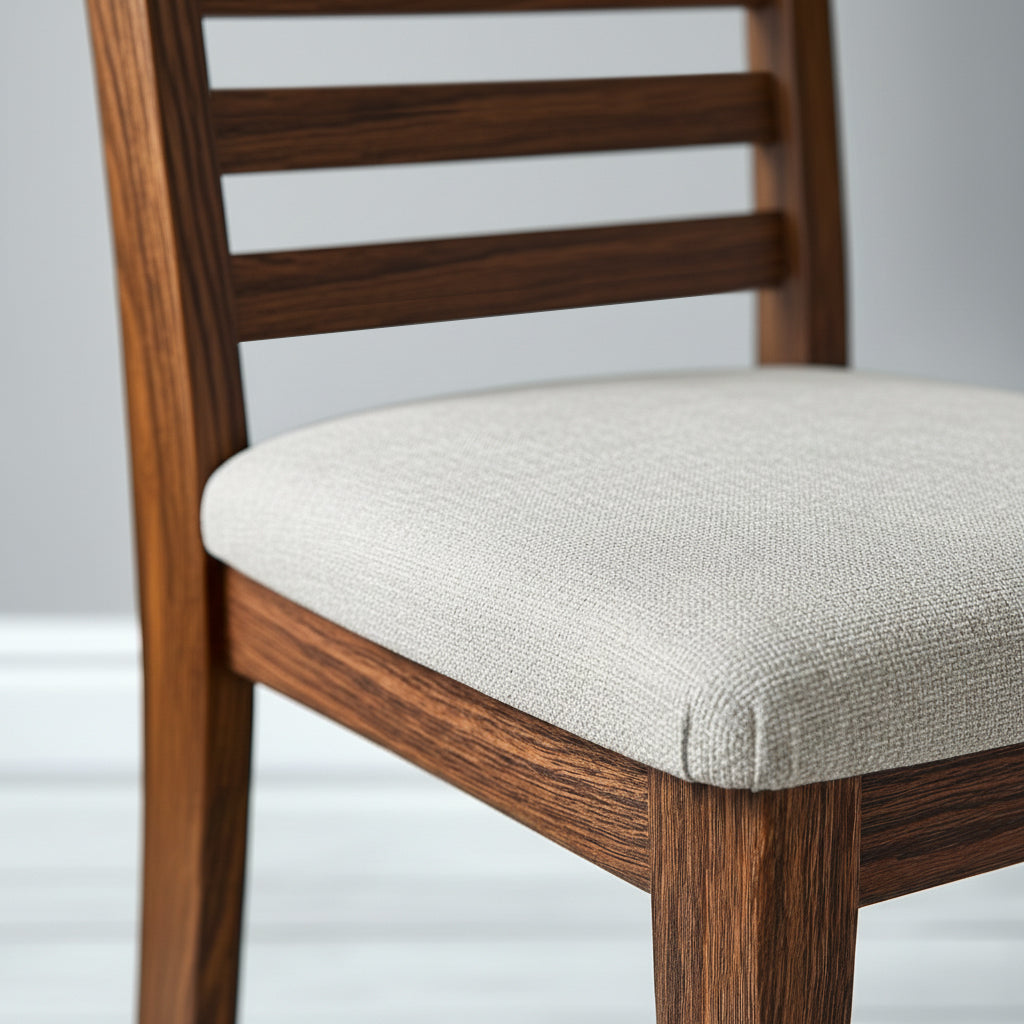 Wooden chair with a beige cushion on a light gray background