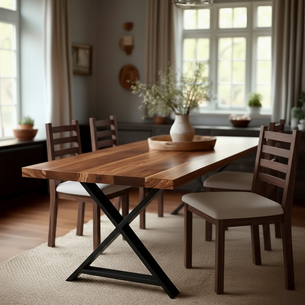 Dining room with wooden table and chairs in a well-lit room.