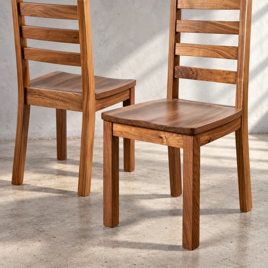 Walnut Coleman Chair with solid wood seat, natural walnut grain, four-slat ladder back, and sturdy wooden legs, shown from two angles.