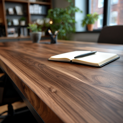 Wooden desk with an open notebook and pen in a blurred office setting