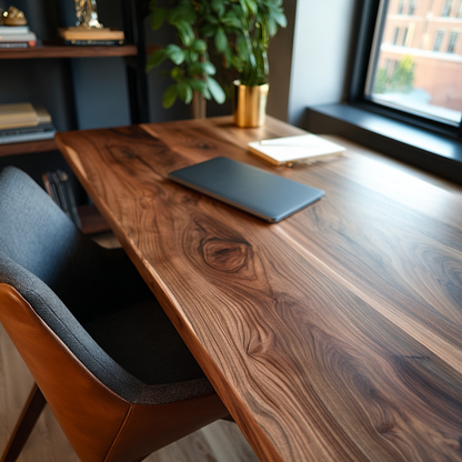 Wooden desk with a laptop and chair in a home office setting