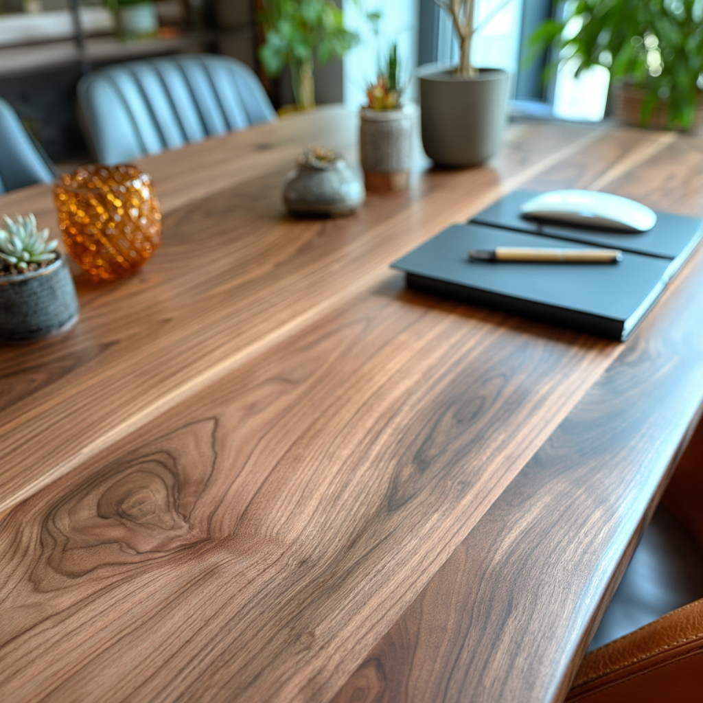 Wooden desk with office items including a notebook, pen, and mouse.