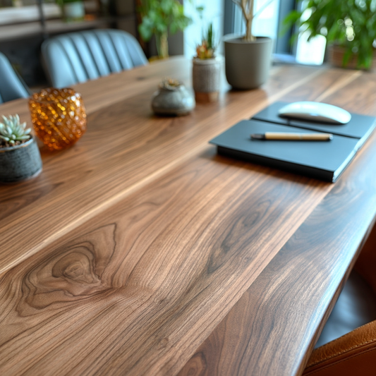 Wooden desk with office items including a notebook, pen, and mouse.