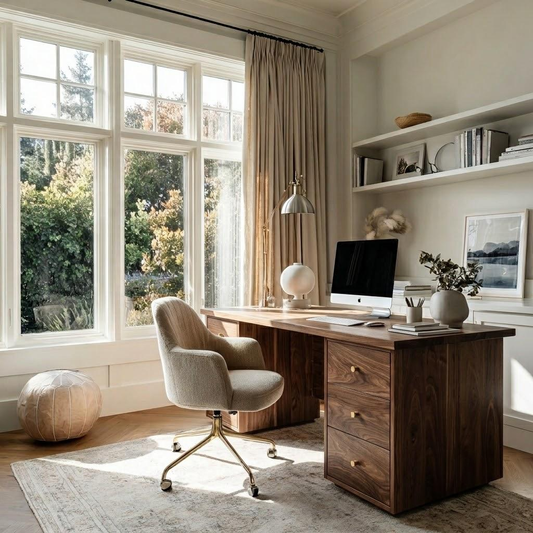 A modern home office setup featuring a dark wood writing desk with drawers, a beige upholstered swivel chair, a silver desk lamp, and an iMac on a light rug in front of large multi-pane windows.