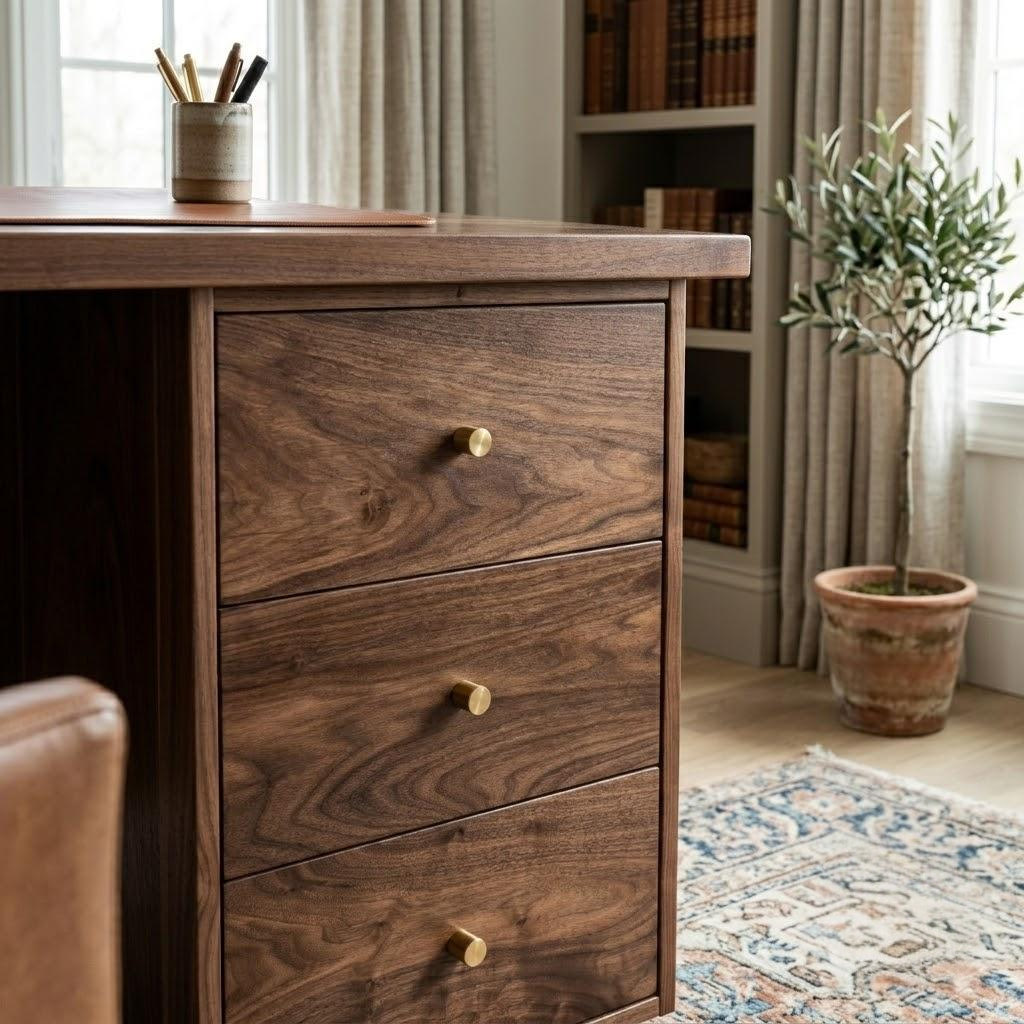 A dark brown wooden writing desk with three drawers and small round brass knobs, shown in a styled home office setting with a potted olive tree, bookshelves, and a patterned rug.