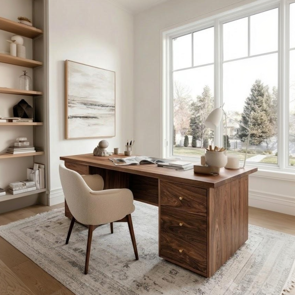 A modern home office setup featuring a dark wood writing desk with drawers, a beige upholstered mid-century style chair, and a light gray patterned area rug. The room is styled with a built-in wooden shelving unit on the left, a framed abstract print on the wall, and a large multi-pane window looking out onto trees.