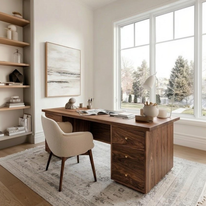 A modern home office setup featuring a dark wood writing desk with drawers, a beige upholstered mid-century style chair, and a light gray patterned area rug. The room is styled with a built-in wooden shelving unit on the left, a framed abstract print on the wall, and a large multi-pane window looking out onto trees.