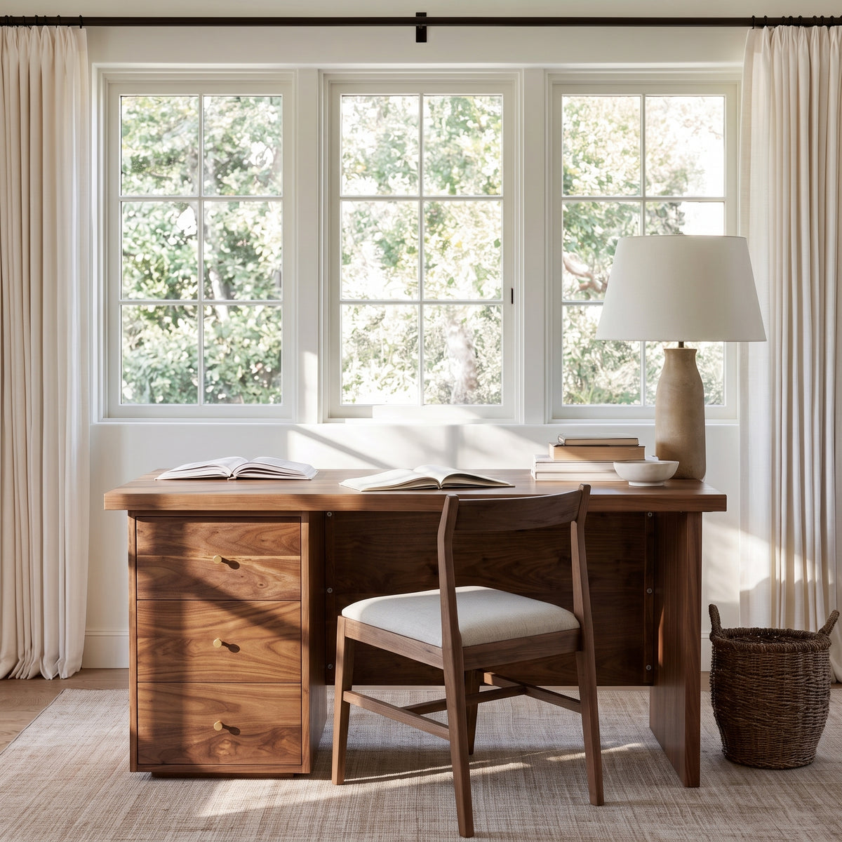 A warm wood writing desk with three drawers and a matching wooden chair with a cream upholstered seat, styled in a bright, sunlit home office with large windows, curtains, and a lamp.