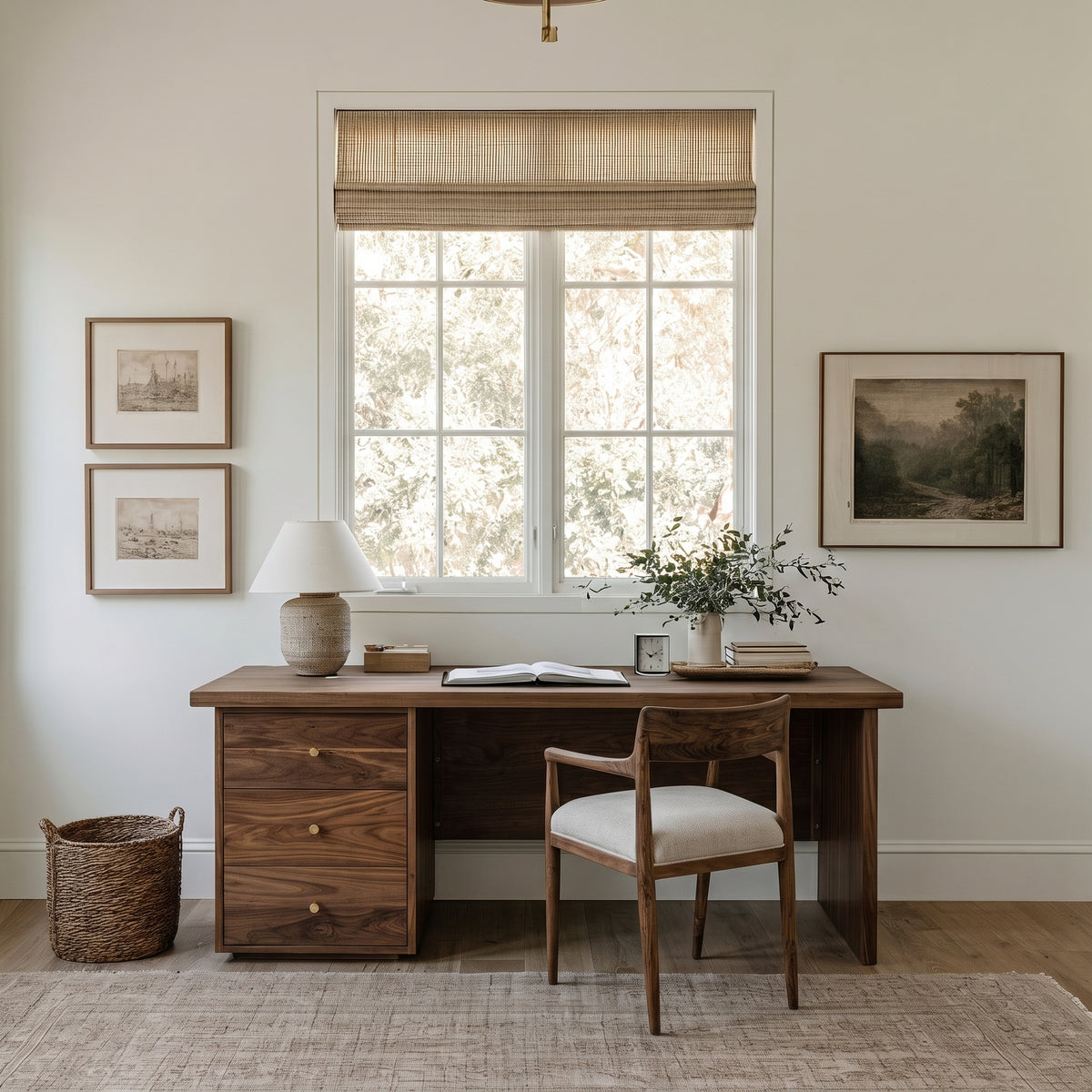 A warm, neutral-toned home office featuring a dark wood writing desk with three drawers, a matching wooden chair with a light upholstered seat, a table lamp, and a vase of flowers. The setup is styled with framed art on the walls, a woven basket on the floor, and a textured rug, all under a window with a beige roller blind.