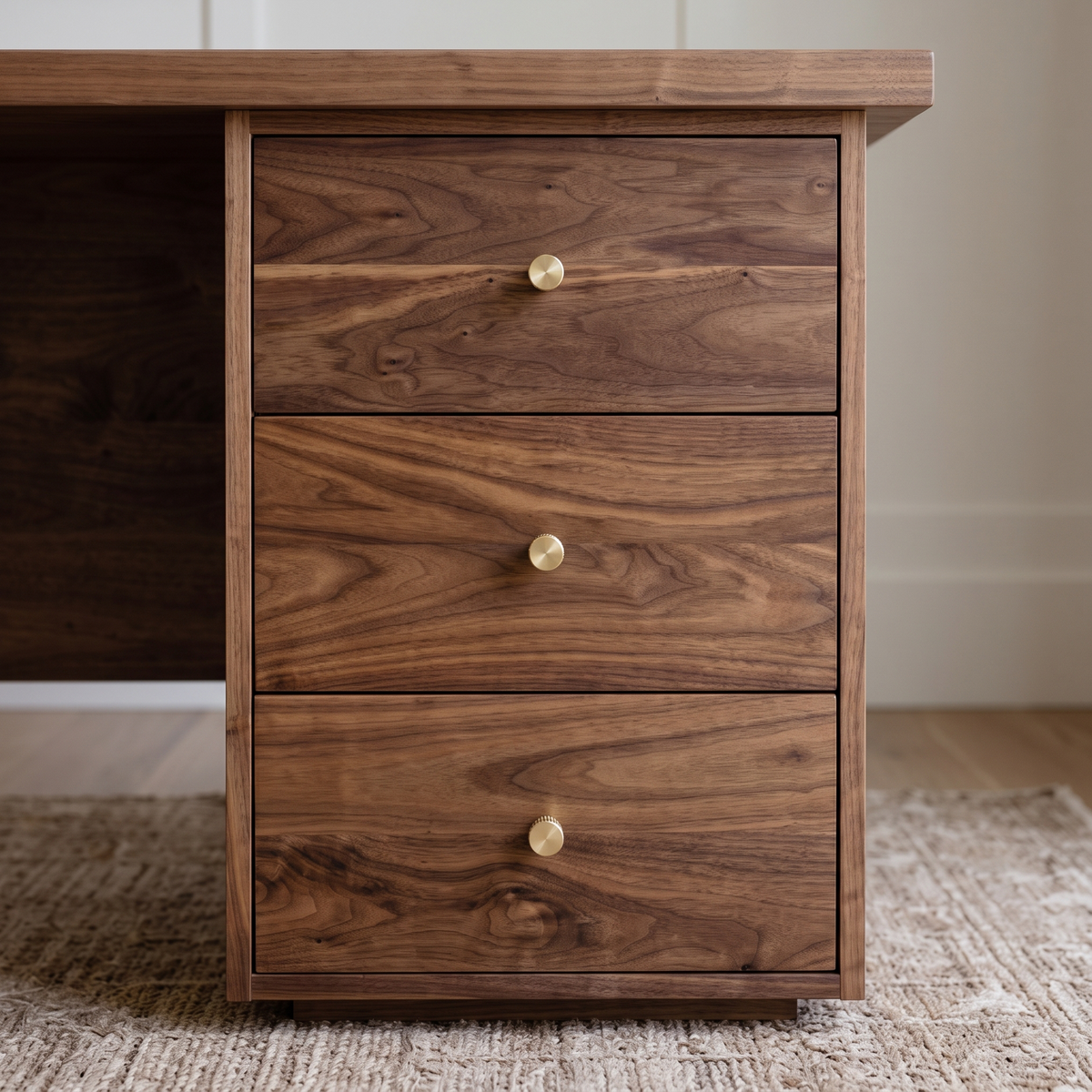 A three-drawer wooden cabinet or desk pedestal with a rich walnut-like wood grain finish and small round brass knobs, shown in a home office setting on a woven rug.