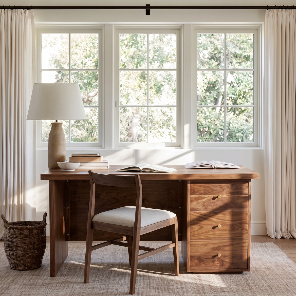 A warm wood writing desk with three drawers and a matching wooden chair with a cream upholstered seat, styled in a bright, sunlit room with large windows, curtains, a lamp, and books.