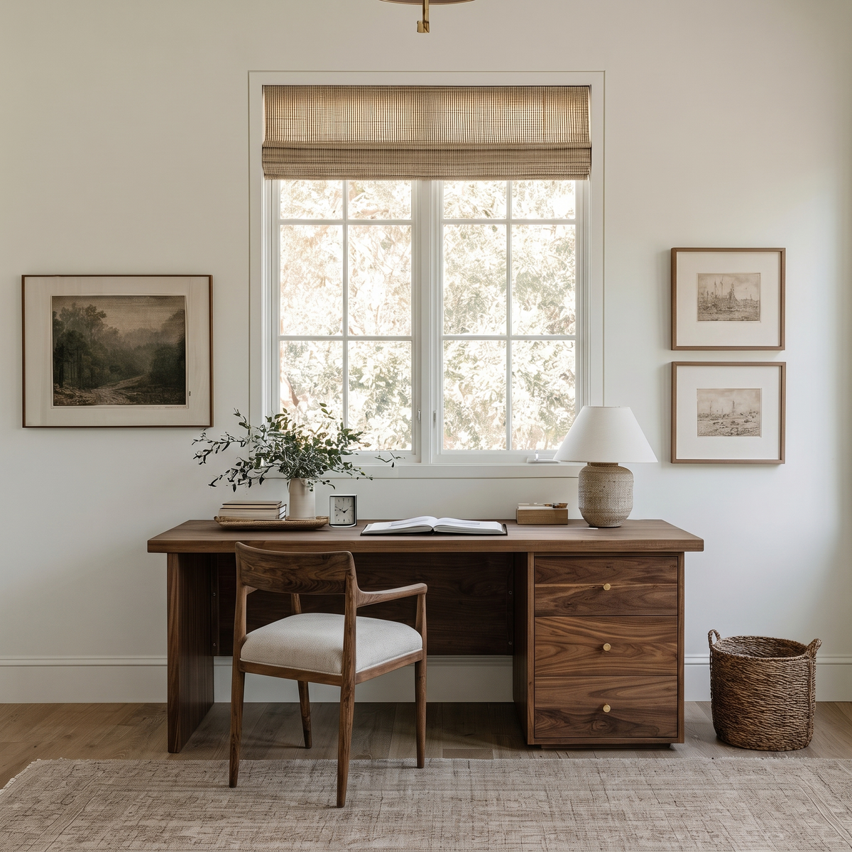 A styled home office scene featuring a dark wood writing desk with three drawers, a matching wooden chair with a cream upholstered seat, a table lamp, and a vase of flowers on a light rug. The setup is positioned beneath a window with a woven roller shade, framed landscape art on the walls, and a woven basket on the floor.