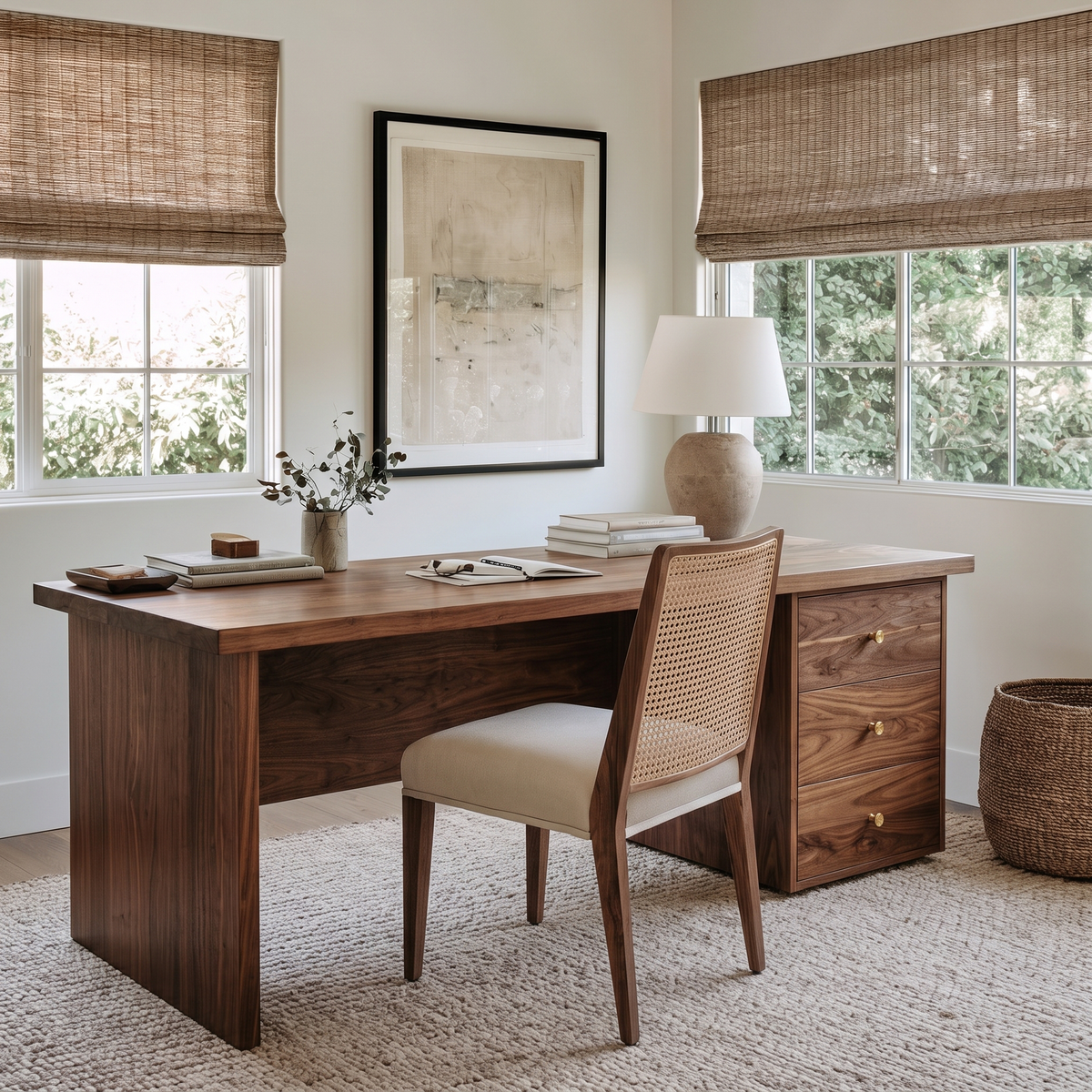 A dark wood writing desk with three drawers and brass handles, paired with a woven-back chair, in a bright home office setting with windows, woven blinds, and neutral decor.