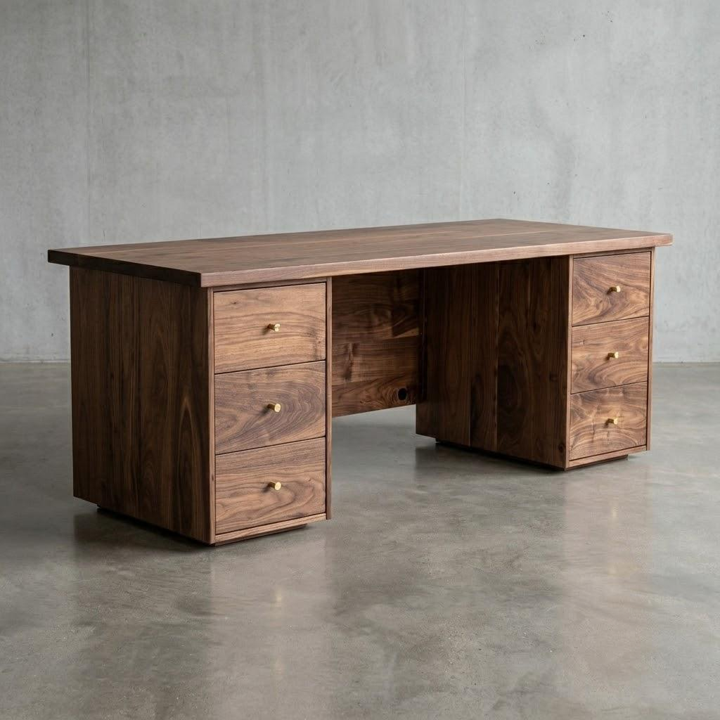 A dark brown wooden desk with a rectangular top, three drawers on the left, three drawers on the right, and open shelving in the center, set against a gray concrete wall and floor.