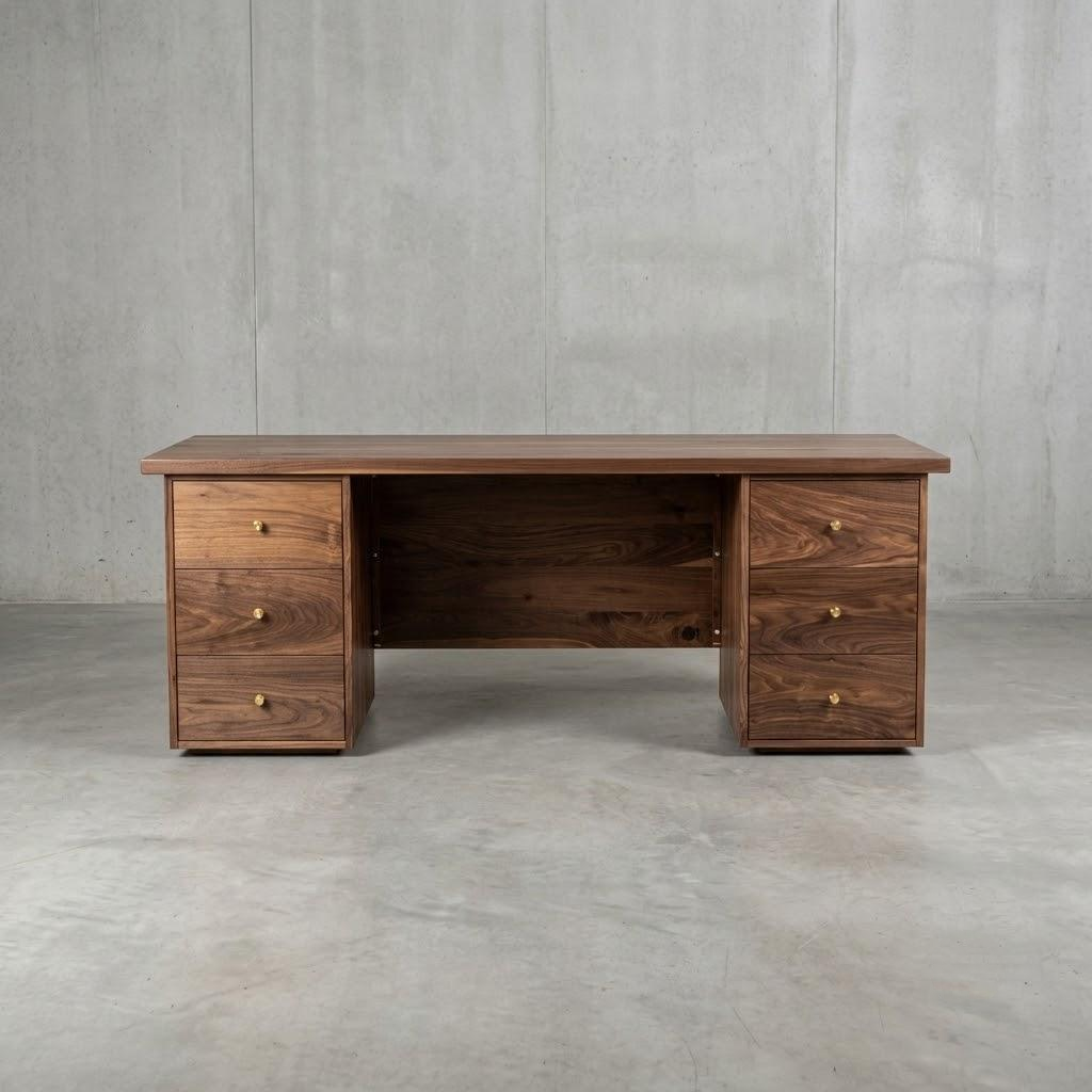 A dark brown wooden writing desk with three drawers on the left, three drawers on the right, and an open center space, set against a gray concrete wall and floor.