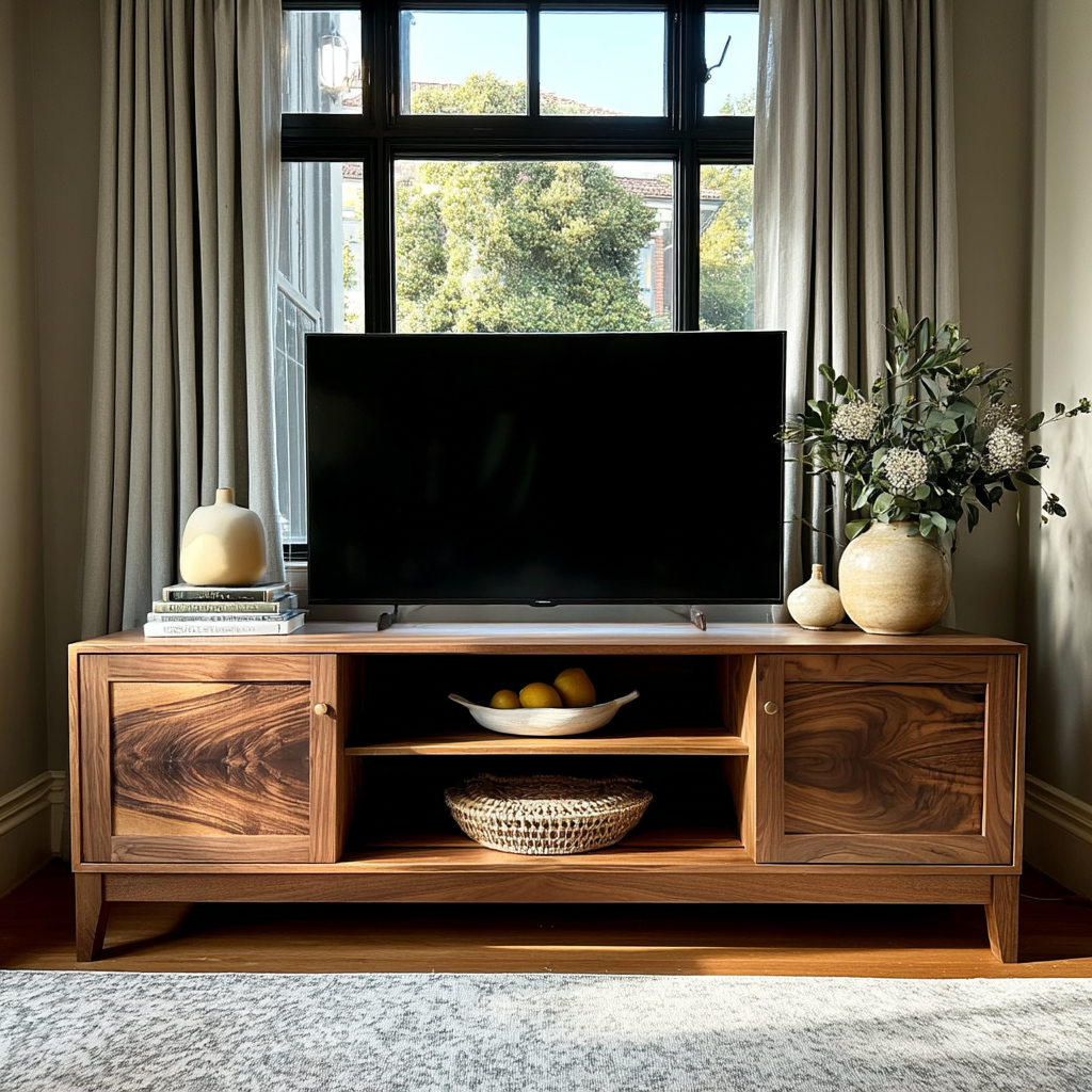 Wooden TV stand with a television, decorative items, and a large window in the background.