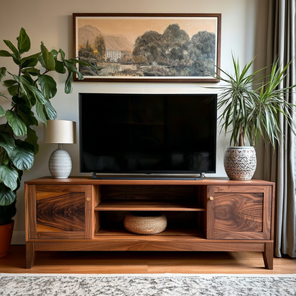 Wooden TV stand with a television, plants, and a painting in a living room setting.
