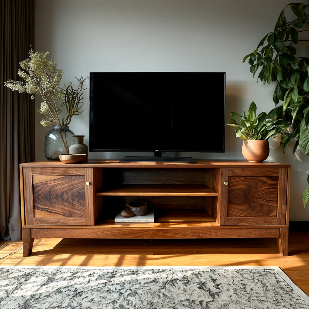 Wooden TV stand with a television and decorative items in a room with plants and a rug.