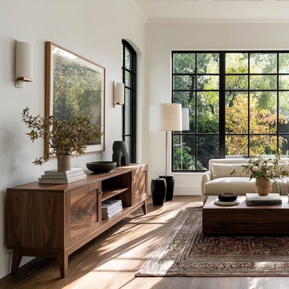 Modern living room with wooden sideboard, sofa, and large windows.