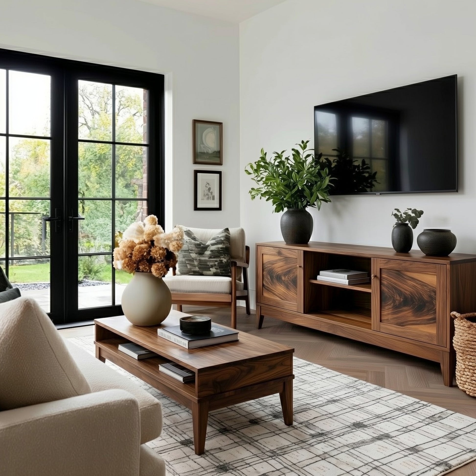 Modern living room with wooden furniture, TV, and decorative elements.